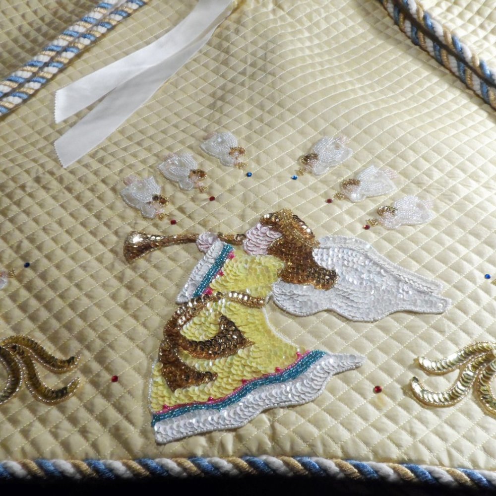 Silk Christmas Tree Skirt Yellow Quilted Decorated w/Angels - 48" Hexagon